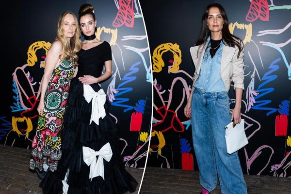 Chynna and Brooks Baldwin, and Katie Holmes, pose at Alice + Olivia.
