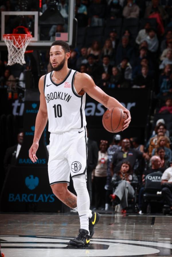 Ben Simmons dribbles during the Nets-Raptors preseason game on Oct. 18, 2024. 
