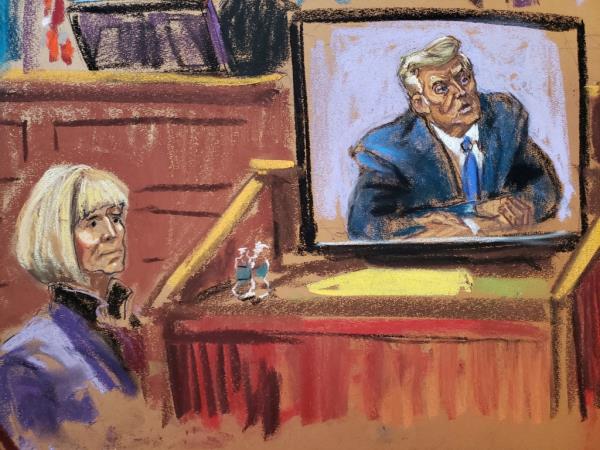 FILE PHOTO: Former Elle magazine advice columnist E. Jean Carroll watches as a former U.S. president Do<em></em>nald Trump's video deposition is played in court during a civil trial wher<em></em>e Carroll accuses the former U.S. president in a civil lawsuit of raping her in a department store dressing room in the mid-1990s, and of defamation, in New York, U.S., May 4, 2023 in this courtroom sketch. REUTERS/Jane Rosenberg/File Photo</p>

<p>　　