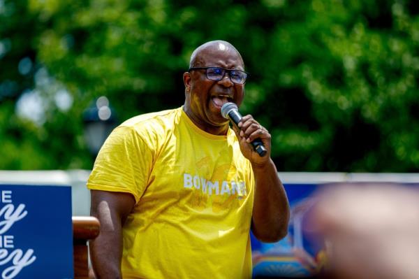 Rep. Jamaal Bowman (D-NY) speaks during a rally and canvass kick-off on the weekend before the New York Democratic Primary St. Mary's Park on JUNE 22, 2024 in the Bronx borough of New York City