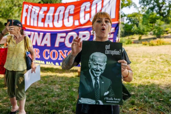 Supporters of Republican presidential candidate and former President Do<em></em>nald Trump protest outside St. Mary's Park during an Alexandria Ocasio-Cortez, Bernie Sanders, and Jamaal Bowman rally and canvass kick-off on the weekend before the New York Democratic Primary on JUNE 22, 2024 in the Bronx borough of New York City