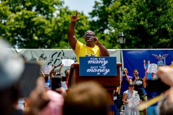 Rep. Jamaal Bowman (D-NY) speaks during a rally and canvass kick-off on the weekend before the New York Democratic Primary St. Mary's Park on JUNE 22, 2024 in the Bronx borough of New York City