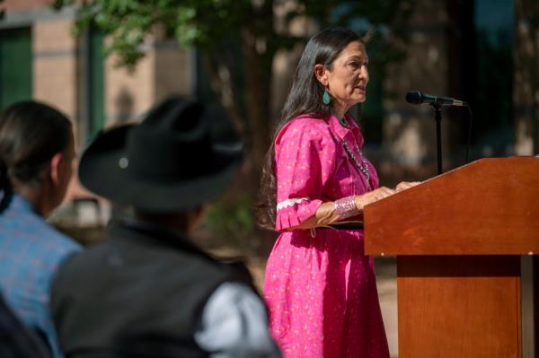 United States Secretary of the Interior Deb Haaland speaks at the Bureau of Indian Affairs, Southwest Regio<em></em>nal Office.
