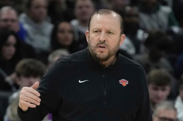 New York Knicks head coach Tom Thibodeau reacts during the first half of an NBA basketball game Tuesday, Dec. 5, 2023, in Milwaukee.