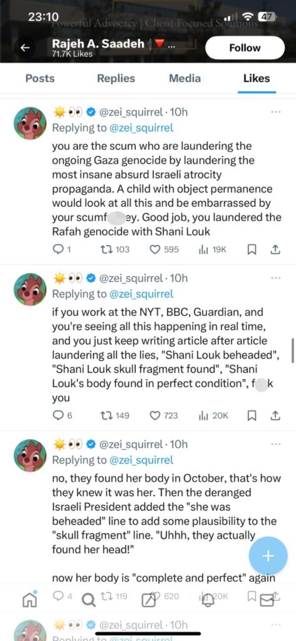 Twitter posts liked by Saadeh a<em></em>bout the murder of Shani Louk being a hoax.