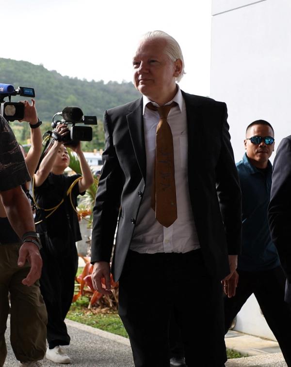 WikiLeaks founder Julian Assange arrives at a US District Court in Saipan, Northern Mariana Islands, U.S., June 26, 2024. 