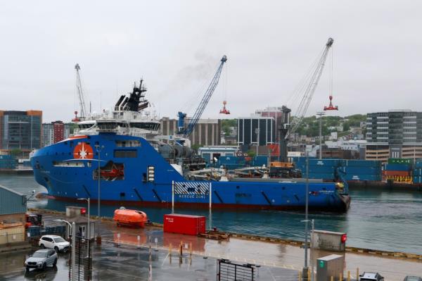 The Horizon Arctic ship carrying Titan debris returns to St. John's harbour, Newfoundland, Canada.