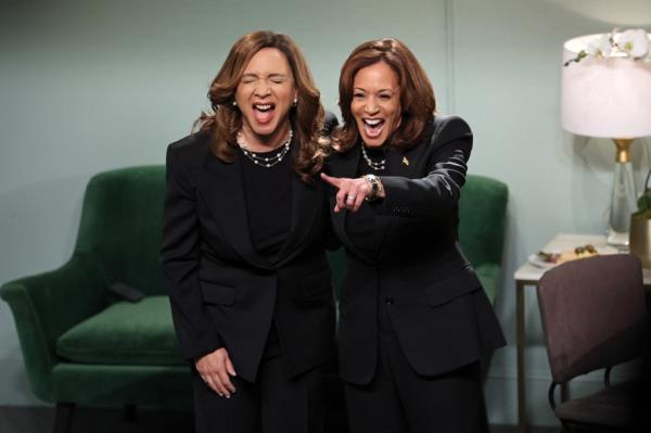 US Vice President Kamala Harris and actress Maya Rudolph laughing during a Saturday Night Live sketch at NBC studios.