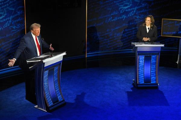 Former US President and Republican presidential candidate Do<em></em>nald Trump speaks during a presidential debate with US Vice President and Democratic presidential candidate Kamala Harris