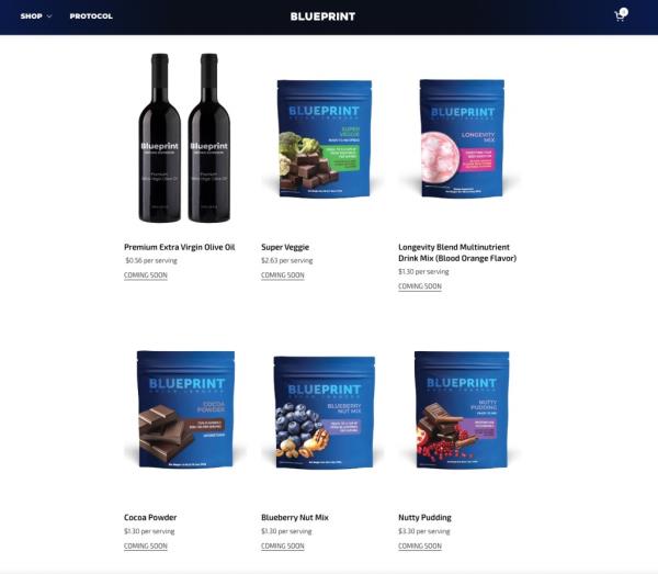 Project Blueprint's website lists other products for purchase as well, including extra virgin olive oil and superfood mixtures ranging from $39 to $99. All the offerings, however, are marked 