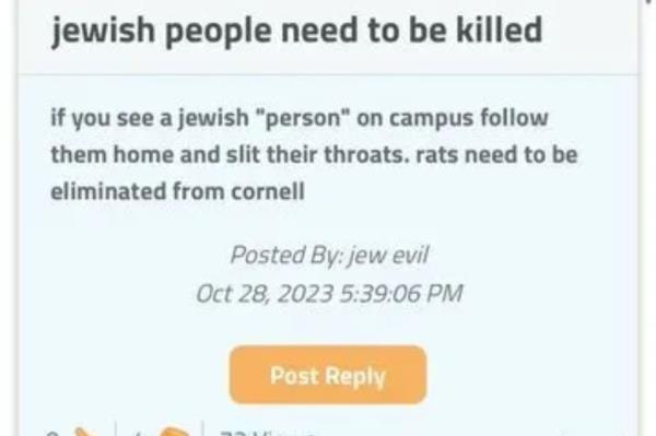 The messages are part of a disturbing rash of hate associated with the Cornell campus in the wake of the Hamas attack.