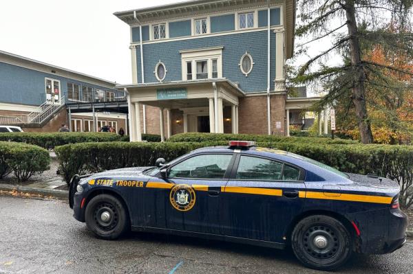 A New York State Police Department cruiser is parked in front of Cornell University's Center for Jewish Living, in Ithaca, New York, on Oct 30. 2023. 