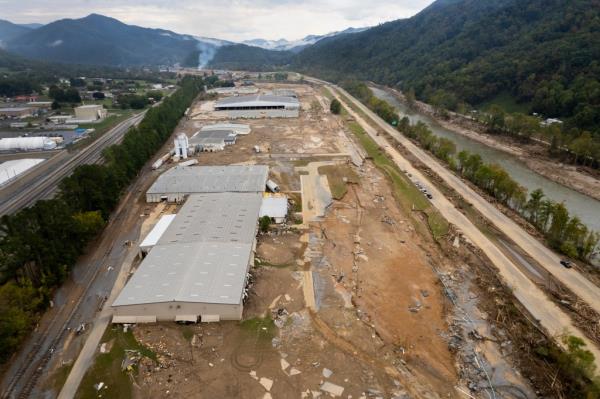 A photo showing damage caused by flooding from Hurricane Helene is seen around Impact Plastics in Erwin, Tennessee.