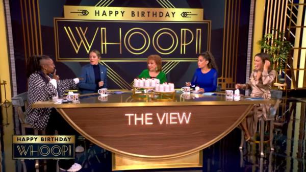 Whoopi Goldberg and co-hosts Sunny Hostin, Alyssa Farah Griffin, Joy Behar and Sara Haines celebrating her 69th birthday with a tray of cakes on 'The View'