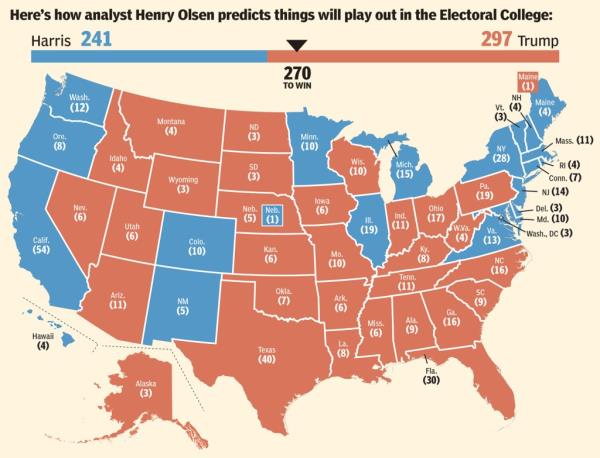 Henry Olsen's electoral college map on how the 2024 presidential election would play out.