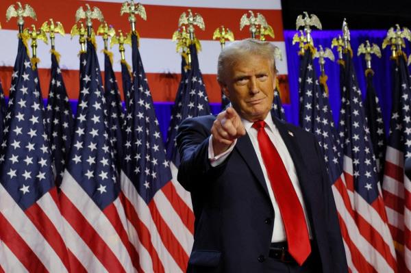 Republican presidential nominee and former U.S. President Do<em></em>nald Trump takes the stage to address supporters at his rally, at the Palm Beach County Co<em></em>nvention Center in West Palm Beach, Florida, U.S., November 6, 2024.