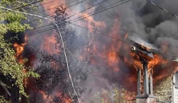 The house on fire.