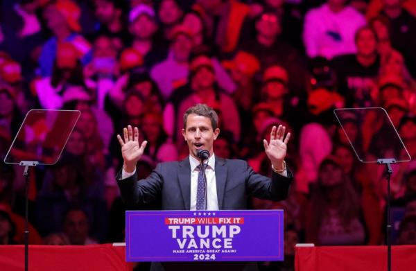 Tony Hinchcliffe on stage at a rally in Madison Square Garden
