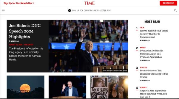 Screenshot of the TIME.com homepage featuring a video and an image of Joe Biden