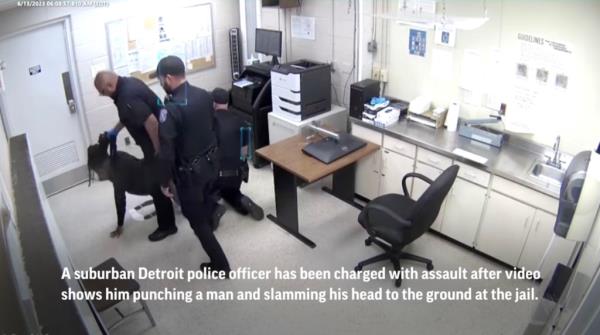 Screengrab of officer picking suspect up by the hair.