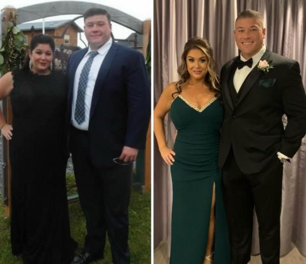 (Left) Dina Patteli, 43, and husband Carl, 42, before weight loss drugs. (Right) Pattelli and husband after weight loss drugs. 