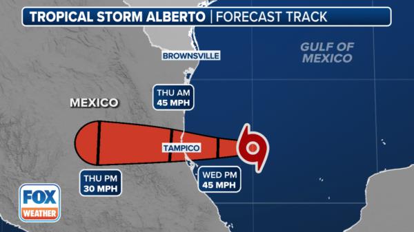 Map showing the location of Tropical Storm Alberto in the western Gulf of Mexico