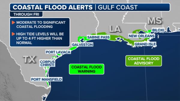 Map illustrating potential flood impact on inland communities like Laredo and Zapata due to a coastal hurricane