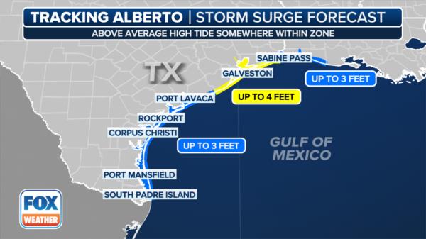 Map indicating Coastal Flood Warnings in effect from Port Mansfield to Port Lavaca, Galveston and Sabine Pass in Texas.