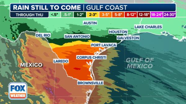 Map of the Gulf Coast illustrating the path of Tropical Storm Alberto, predicted to affect Texas and northern Mexico