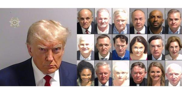 A collage of 20 booking photos featuring Do<em></em>nald Trump, Rudy Giuliani, Mark Meadows, and others released by Fulton County Sheriff's Office in Georgia.