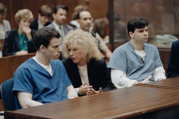 Erik Menendez with his attorney : Leslie Abramson and his brother Lyle Menendez. Los Angeles, 9th March 1994.