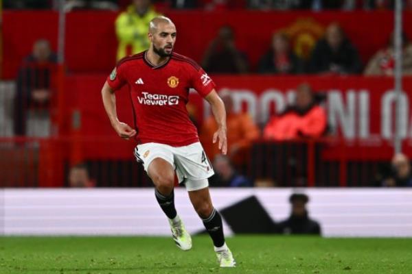 MANCHESTER, ENGLAND - SEPTEMBER 26: Sofyan Amrabat of Manchester United during the Carabao Cup Third Round match between Manchester United and Crystal Palace at Old Trafford on September 26, 2023 in Manchester, England. (Photo by Sebastian Frej/MB Media/Getty Images)