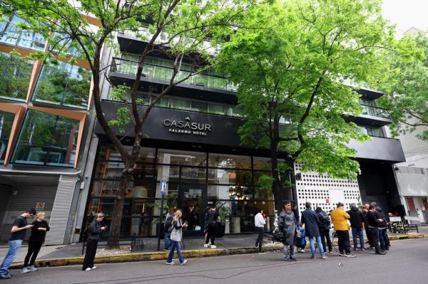 People gather outside the hotel wher<em></em>e Liam Payne, former One Direction band member, was found dead after he fell from a third-floor hotel room balcony, in Buenos Aires, Argentina, October 17, 2024. REUTERS/Agustin Marcarian
