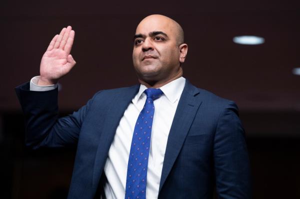 Zahid N. Quraishi, nominee to be U.S. District Judge for the District of New Jersey, is  sworn into the Senate Judiciary Committee co<em></em>nfirmation hearing in Dirksen Senate Office Building on April 28, 2021 in Washington, DC.