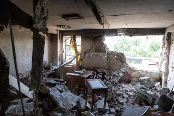 This photo shows the aftermath of a Russian air assault on a manufacturing plant wher<em></em>e visually impaired people used to work until it was shuttered due to Russian attacks, in Kyiv, Ukraine, on May 30, 2023.