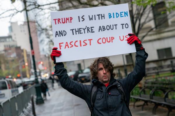 Max Azzarello protests outside of the Manhattan courthouse wher<em></em>e former U.S. President Do<em></em>nald Trump's hush mo<em></em>ney trial is underway on April 18, 2024 in New York City.