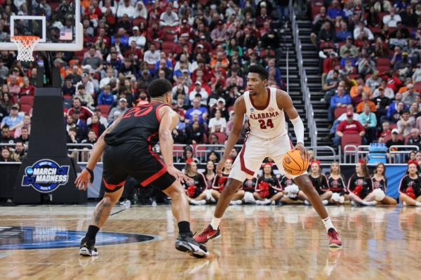 Miller of the Alabama Crimson Tide dribbles against San Diego State.