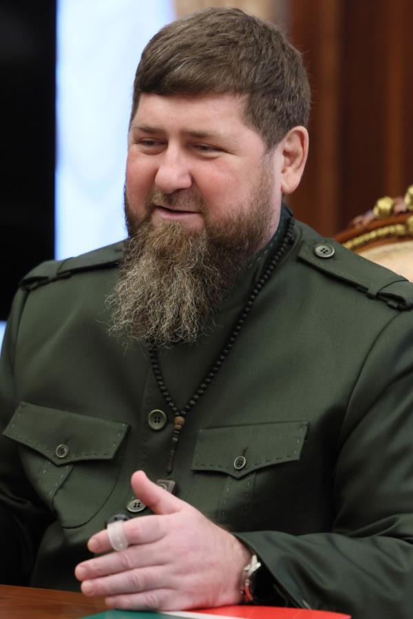 Chechnya's regio<em></em>nal leader Ramzan Kadyrov speaks with Russian President Vladimir Putin during their meeting at the Kremlin in Moscow, Russia, on Sep. 28, 2023. 