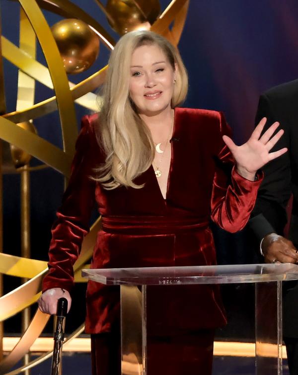 Christina Applegate speaks speaks o<em></em>nstage during the 75th Primetime Emmy Awards at Peacock Theater on January 15, 2024 in Los Angeles, California.