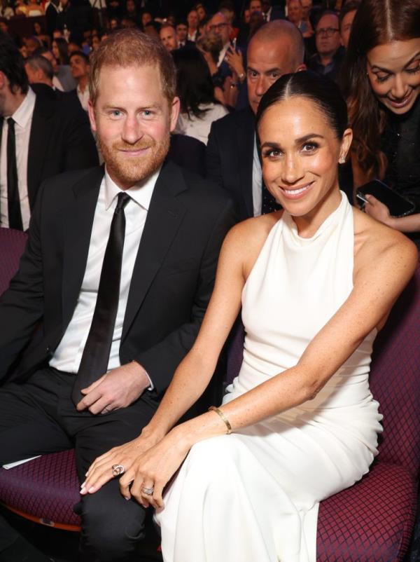 Prince Harry and Meghan, Duchess of Sussex, seated together at the 2024 ESPY Awards in Hollywood, California.