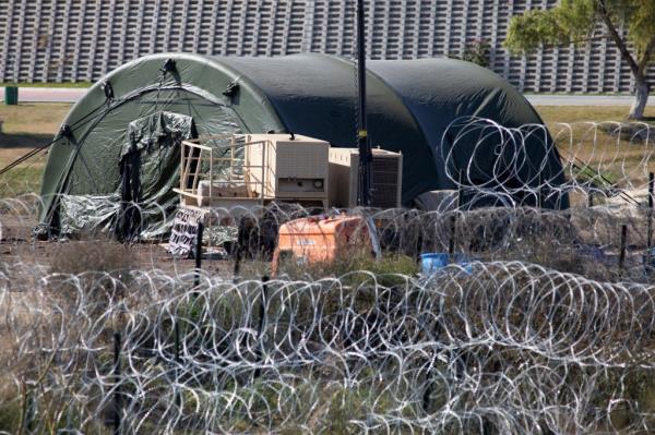 A recently set up Texas Natio<em></em>nal Guard patrol station sits behind new razor and co<em></em>ncertina wire in Shelby Park, at the U.S.-Mexico border in Eagle Pass, Texas, U.S., January 16, 2024.  