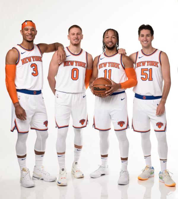 Do<em></em>nte DiVincenzo, Jalen Brunson, Ryan Arcidiacono, and Josh Hart pose for a portrait during 2023-24 NBA Media Day.