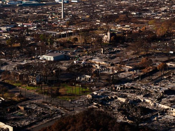 View of destroyed buildings from historic wildfires on Tuesday, August 22, 2023 in Lahaina, Hawaii.
