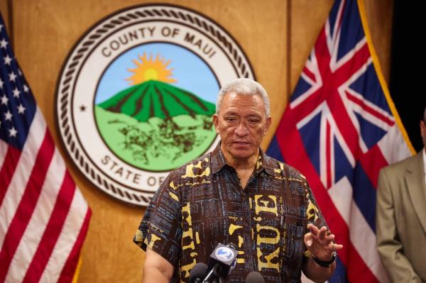 Maui County Mayor Richard Bissen speaks during a news co<em></em>nference on Tuesday, August 22, 2023 in Lahaina