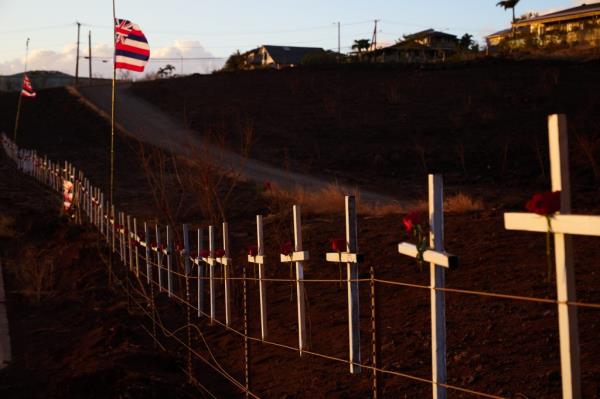 Crosses are placed by the Lahaina Bypass at a memorial to the victims of the historic wildfires on Tuesday, August 22, 2023.