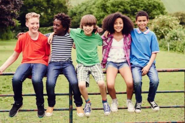 Group of friends sitting on a gate in a field