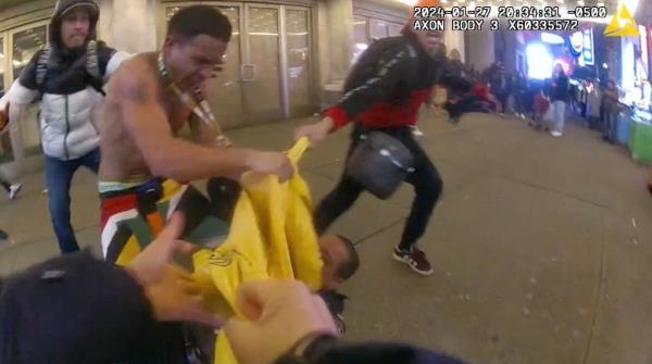 NYPD bodycam video released Thursday  shows the suspects charged with assaulting two police officers in Times Square in January.  
