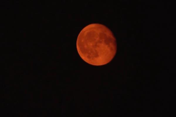 A nearly full moon rose over Philadelphia on Mo<em></em>nday night with an eerie red glow.</p>

<p>　　