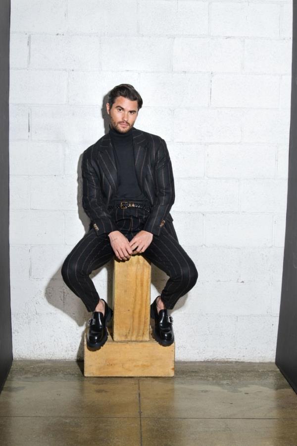 Alpaca and wool suit, $7,100, and belt, $1,100, both at BrunelloCucinelli.com; Turtleneck, $1,895 at Dolce & Gabbana, 717 5th Ave.; Wander loafers, $990 at Alexander McQueen