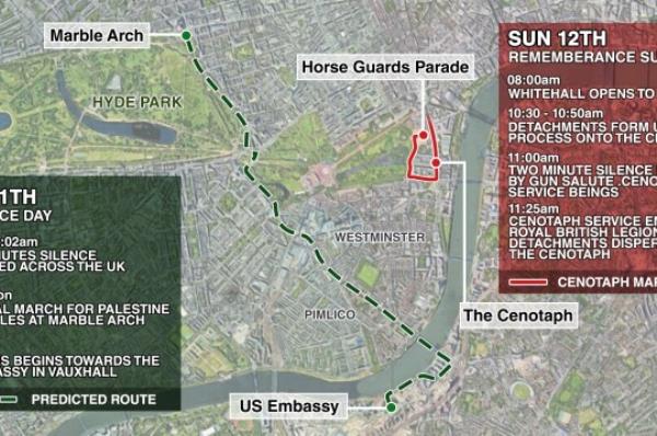 METRO GRAPHICS Natio<em></em>nal March for Palestine route map Armstice Day / Rememberance Sunday Cenotaph Credit metro.co.uk